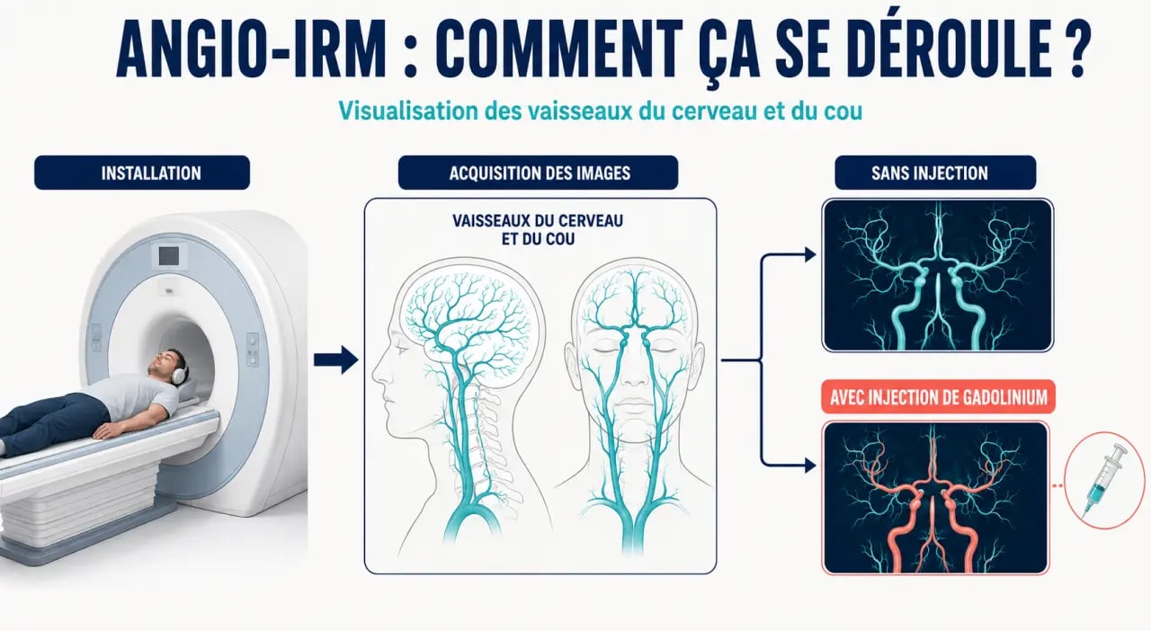 Schéma pédagogique du déroulement d'une angio-IRM avec ou sans injection