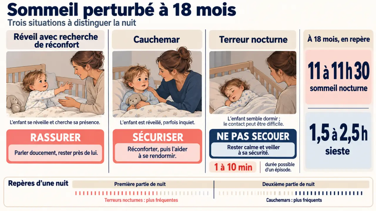 Infographie sur le sommeil bébé 18 mois perturbé, distinguant cauchemar, terreur nocturne et réveil avec besoin de réconfort