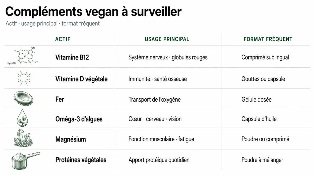 Tableau des compléments alimentaires vegan essentiels et de leurs usages