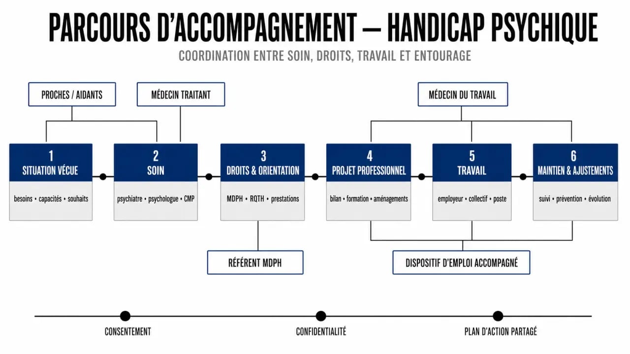 Handicap psychologique : parcours d’accompagnement entre soin, MDPH, travail et proches