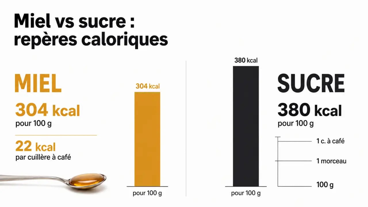 Infographie calorie miel : comparaison avec le sucre et repères par portion
