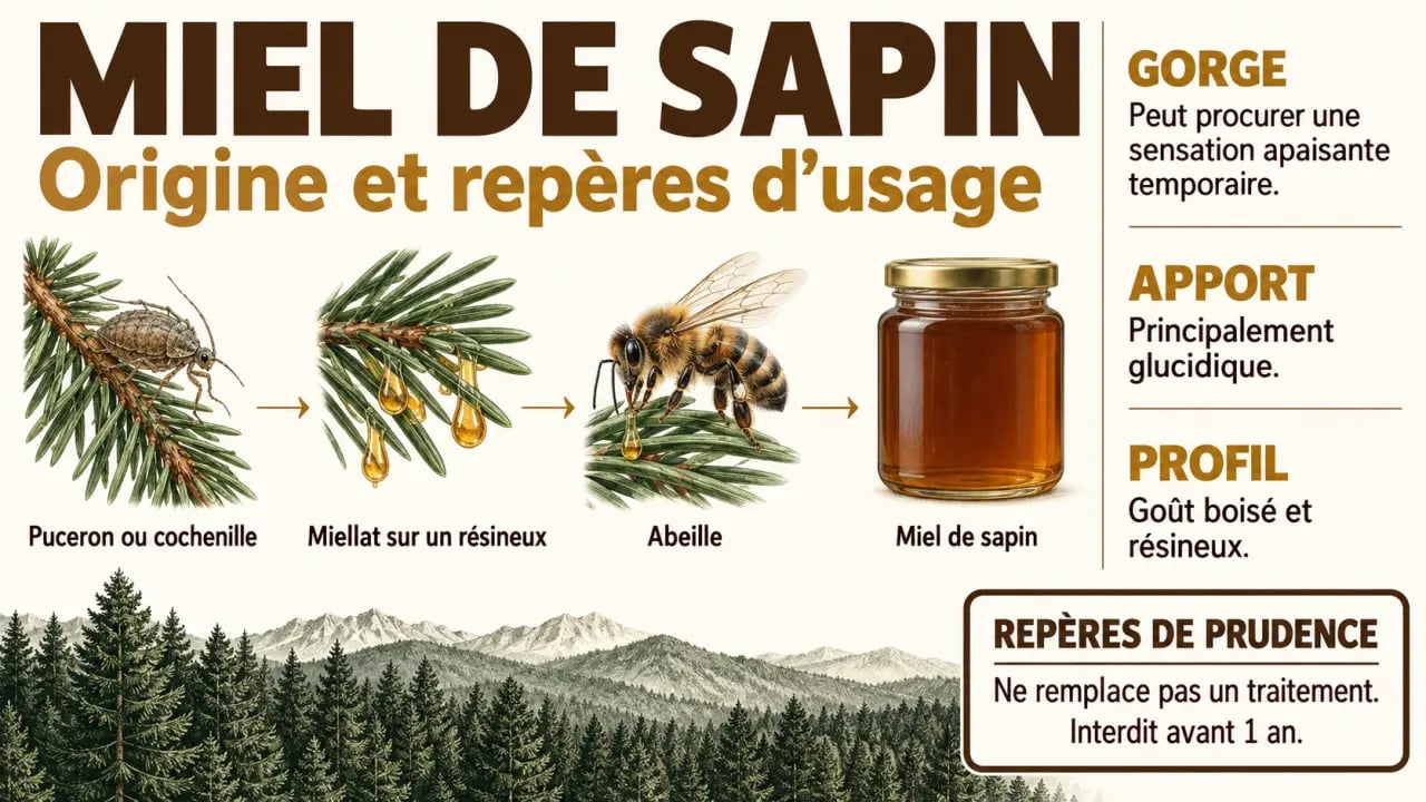 Infographie scientifique sur les bienfaits du miel de sapin, son origine par le miellat et ses précautions