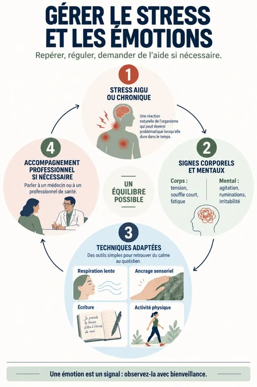 Infographie sur la gestion du stress et des émotions, des symptômes aux techniques d’apaisement