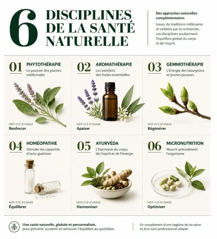 Panorama illustré des disciplines de la santé naturelle : phytothérapie, aromathérapie, homéopathie et micronutrition