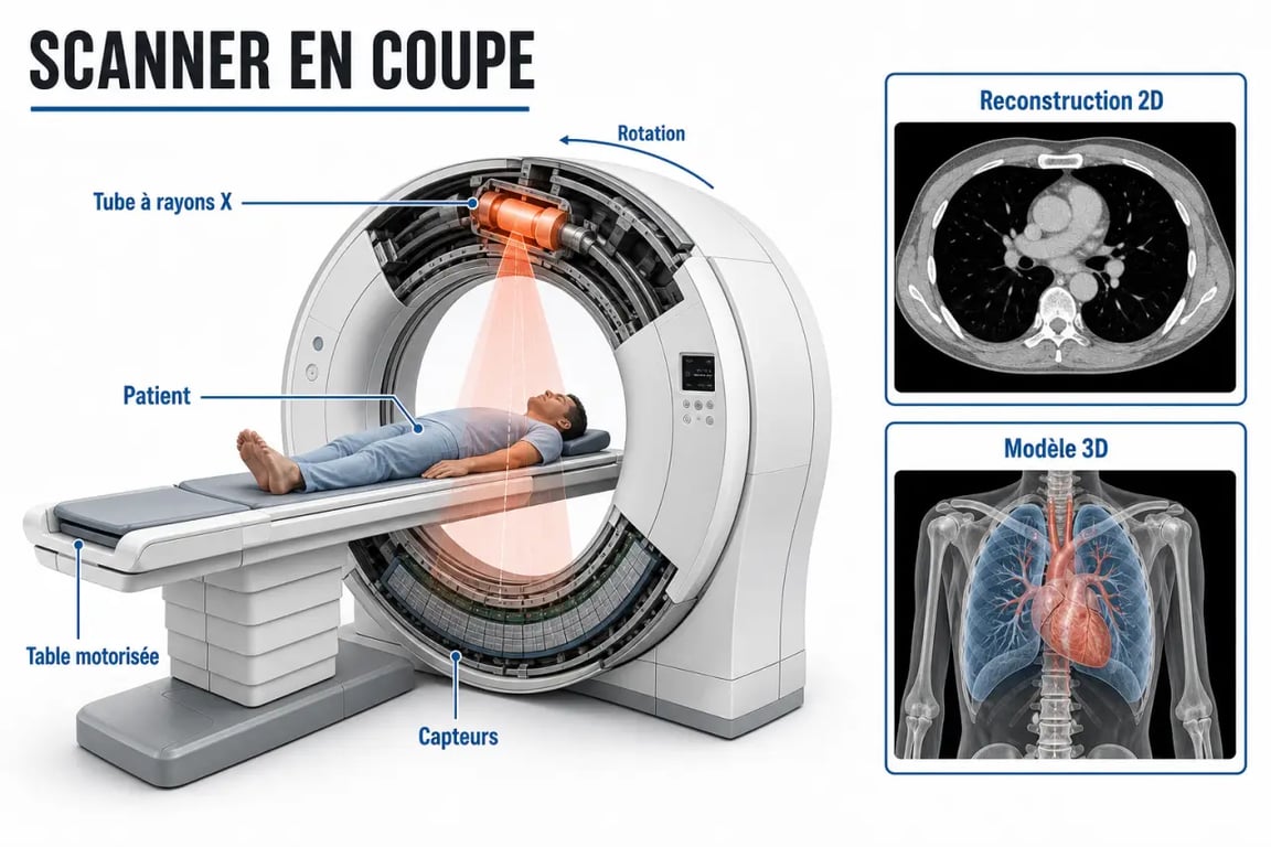 Scanner médical : principe du tube à rayons X, des capteurs et des images en coupes