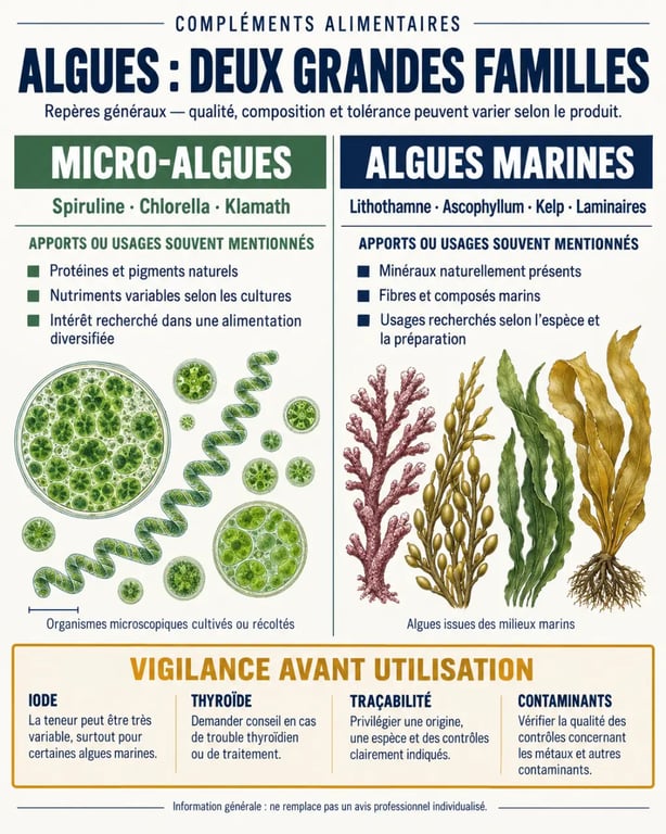 Infographie sur les algues compléments alimentaires, leurs usages et leurs précautions
