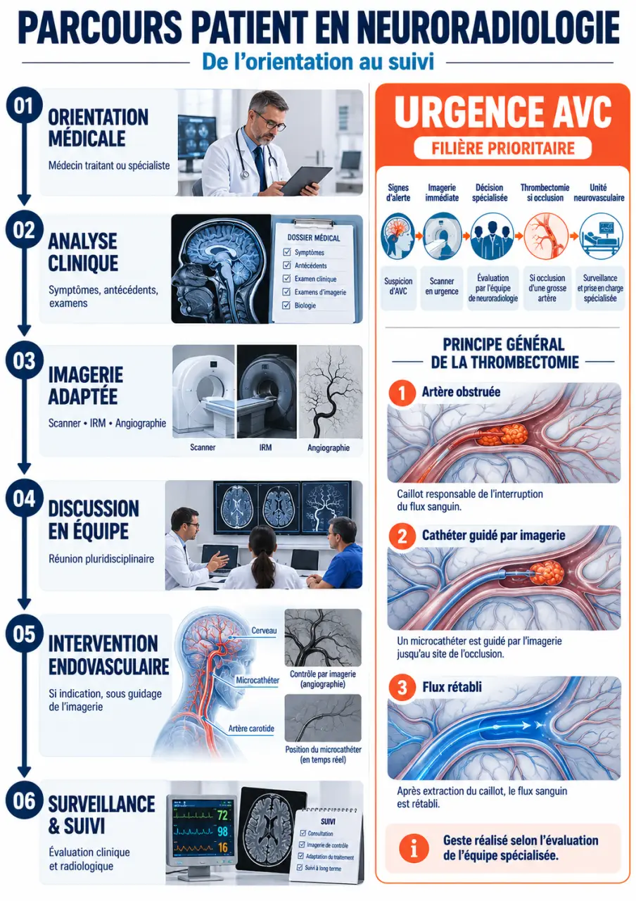 Parcours patient en neuroradiologie, du diagnostic à la thrombectomie et au suivi
