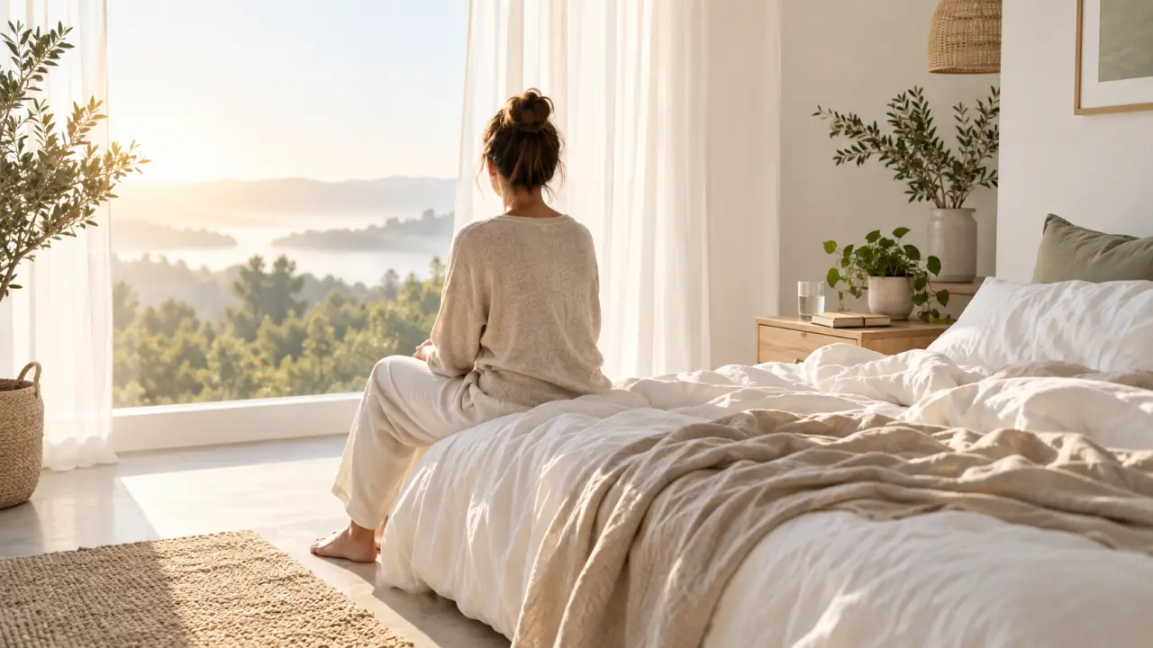Personne se réveillant calmement dans une chambre lumineuse