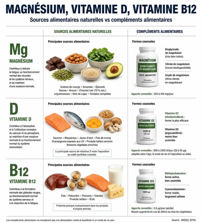 Infographie comparative des meilleures compléments alimentaires et sources naturelles de nutriments