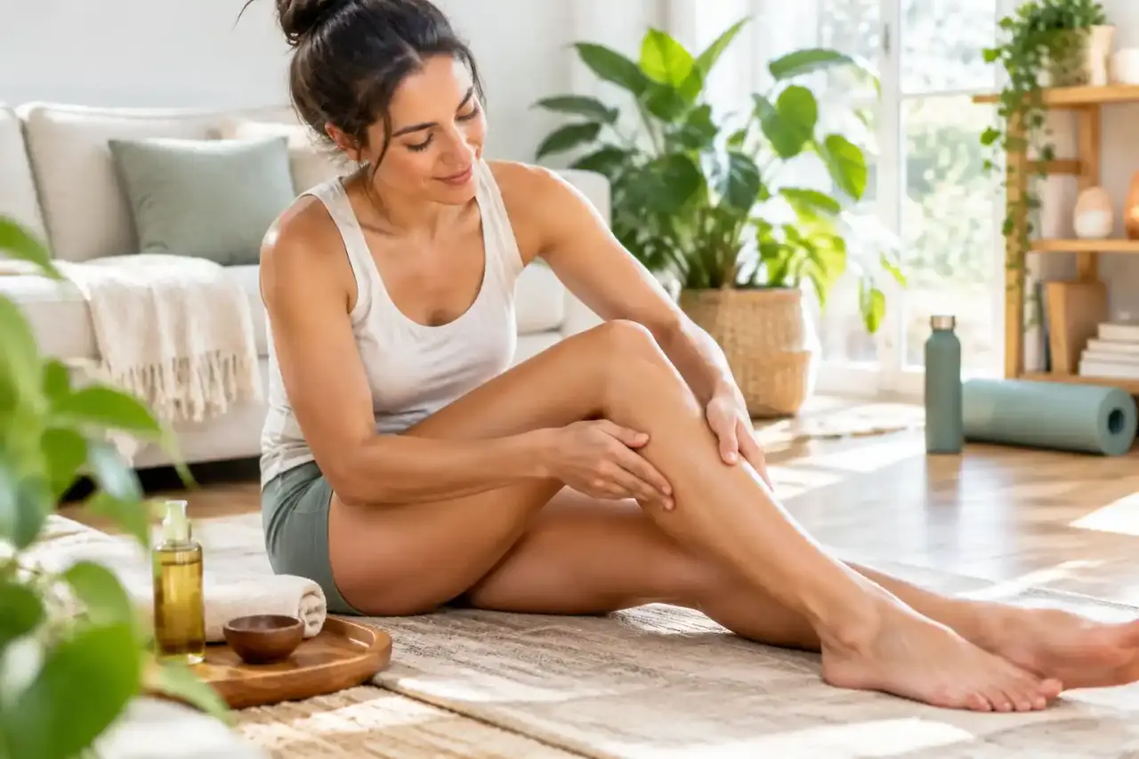 Personne pratiquant un automassage doux des jambes dans un environnement lumineux