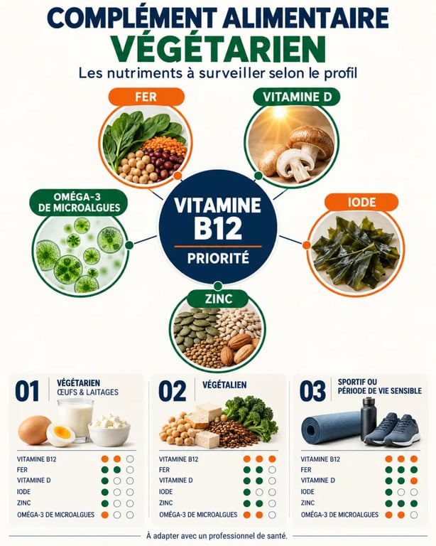 Infographie sur le complément alimentaire végétarien et les nutriments à surveiller selon le profil alimentaire