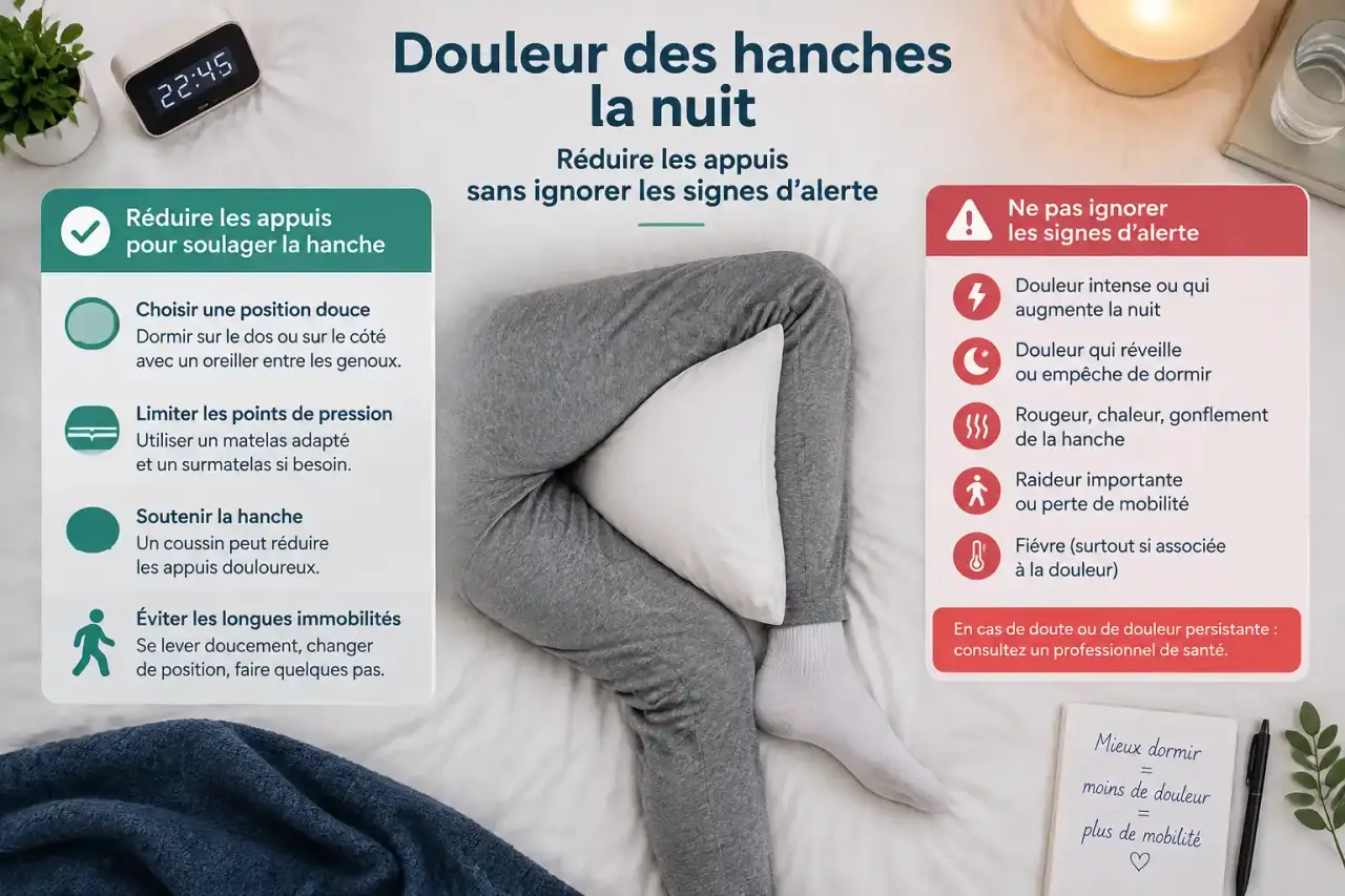 Douleur des hanches la nuit : réduire les appuis sans ignorer les signes d’alerte
