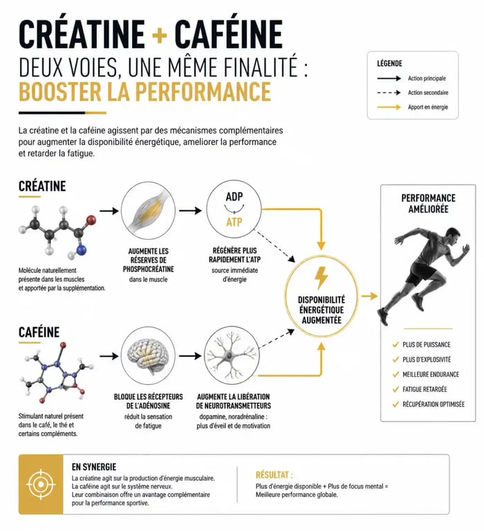 Schéma explicatif des effets de la créatine et de la caféine sur la performance sportive