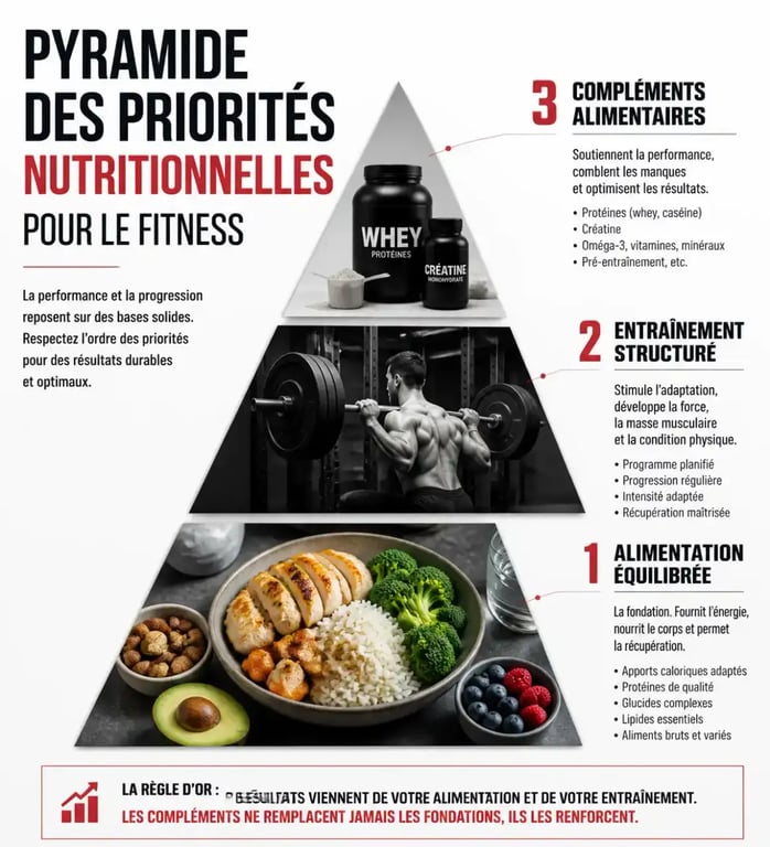 Infographie sur les priorités des compléments alimentaires fitness et nutrition sportive
