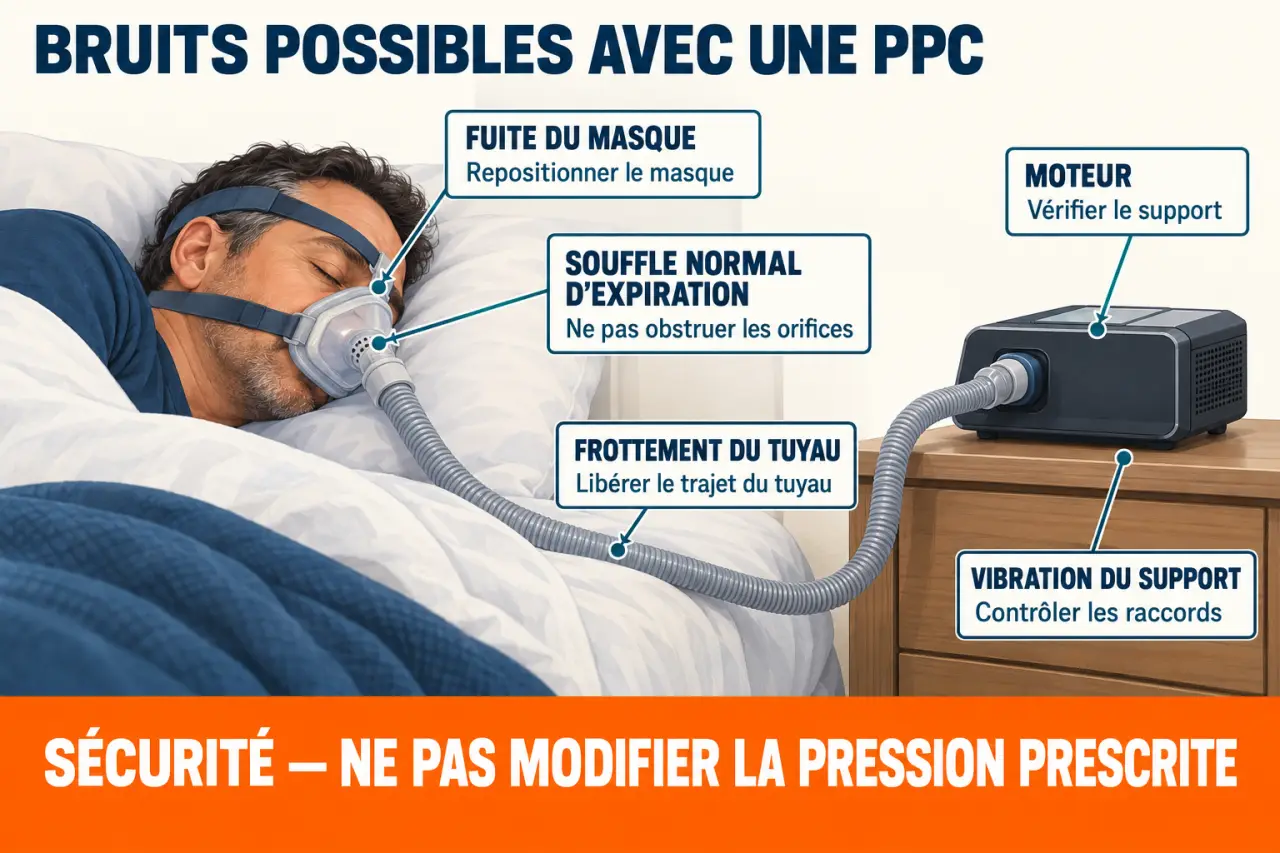 Machine apnée du sommeil bruit conjoint : schéma des sources de bruit d'une PPC et des vérifications à effectuer