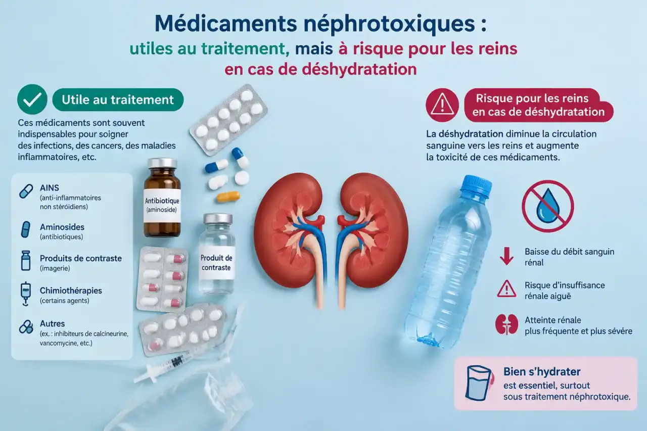 Médicaments néphrotoxiques : utiles au traitement, mais à risque pour les reins en cas de déshydratation