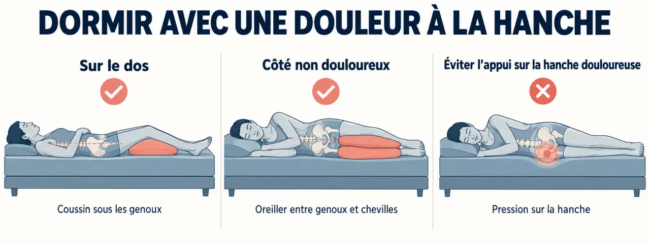 Positions de sommeil pour soulager une douleur des hanches la nuit avec coussin sous les genoux ou entre les jambes