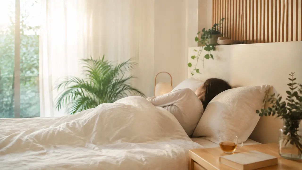 Personne apaisée dans une chambre lumineuse préparant son rituel du soir