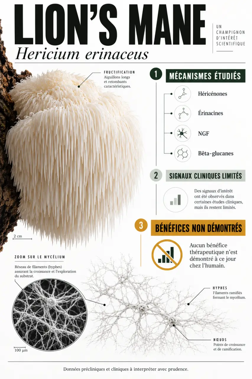 Visuel scientifique sur le lion’s mane hericium erinaceus, ses parties, ses composés étudiés et les limites des preuves