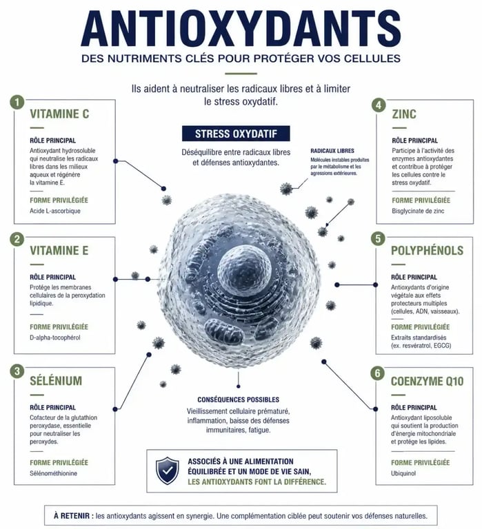 Infographie sur les compléments alimentaires anti oxydant, le stress oxydatif et les principaux actifs à connaître