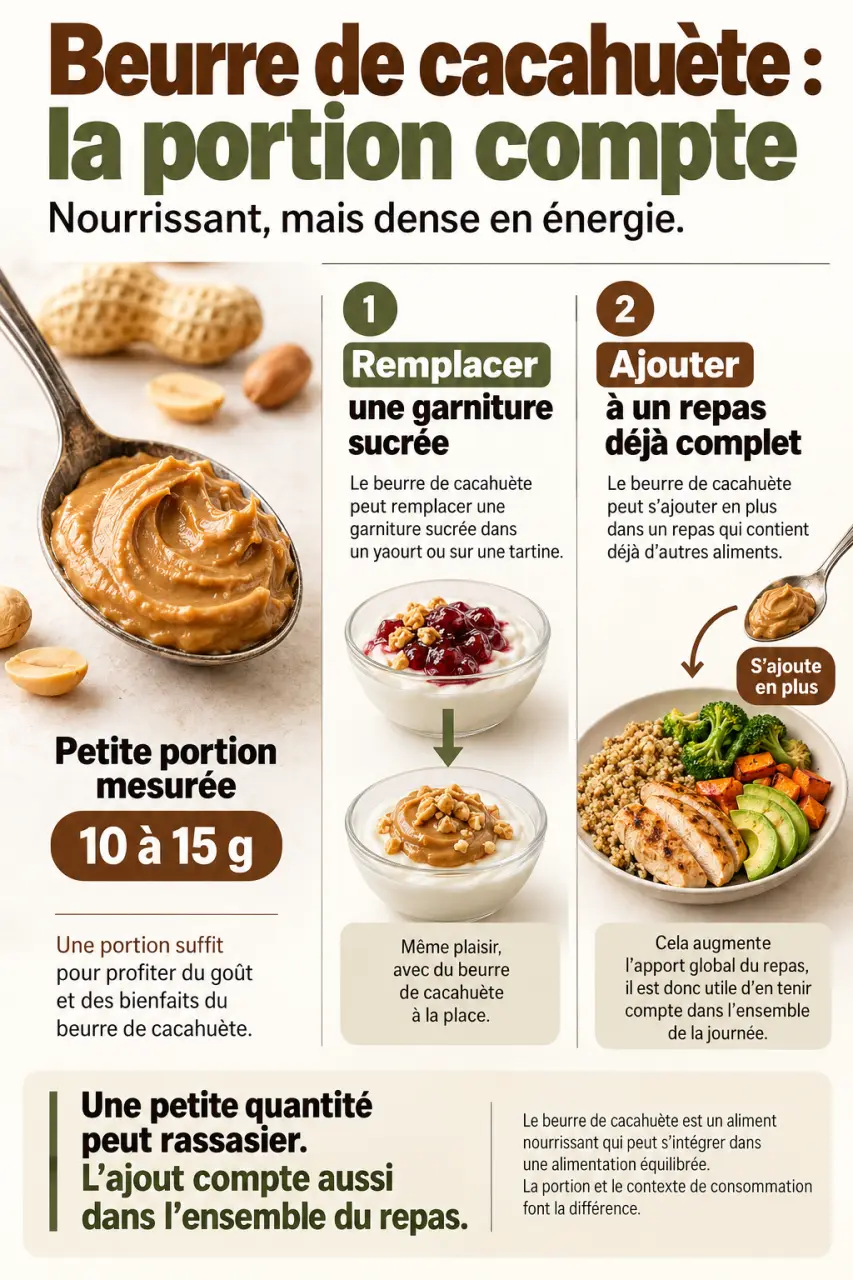 Infographie sur le beurre de cacahuète et la perte de poids avec portion de 10 à 15 g
