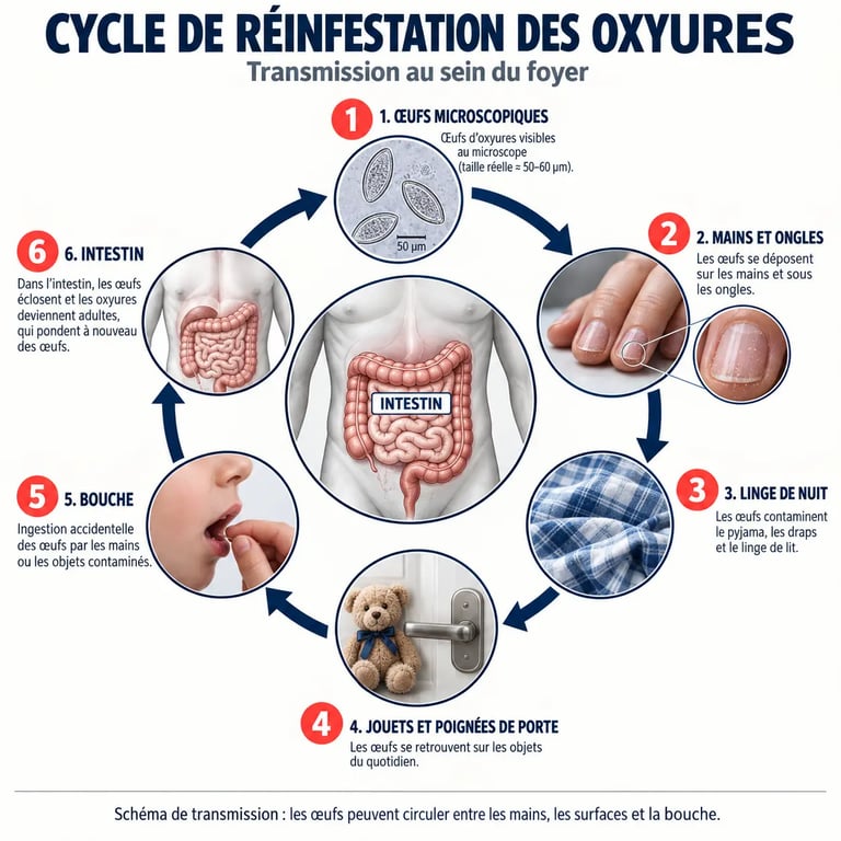Schéma du cycle de réinfestation associé au vermifuge naturel et aux mesures d’hygiène contre les oxyures