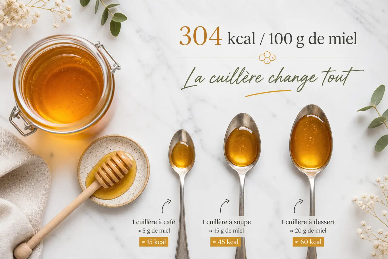 304 kcal pour 100 g de miel, mais la cuillère change tout