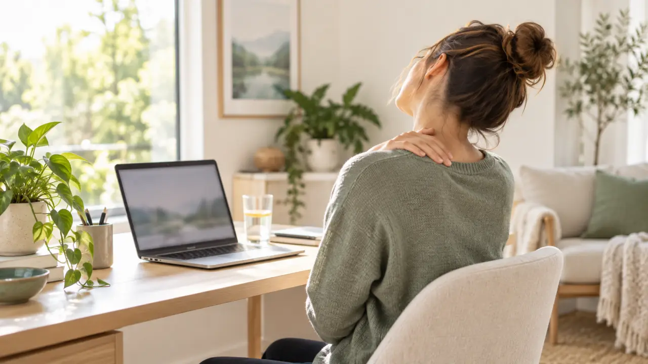 Personne réalisant des étirements doux de la nuque après une journée devant un écran