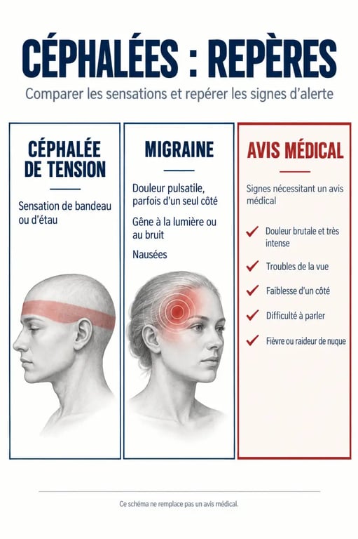 Remède mal de tête grand-mère : schéma pour distinguer céphalée de tension, migraine et signes d’alerte