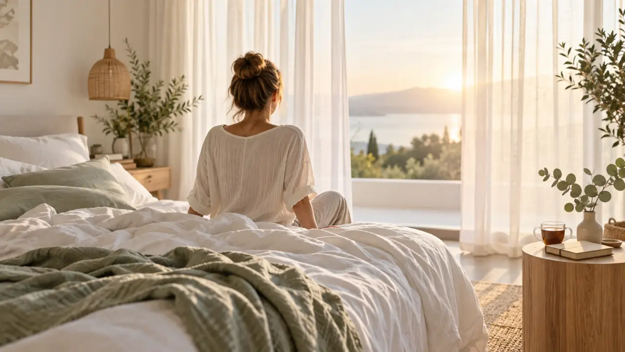 Personne se réveillant calmement dans une chambre lumineuse