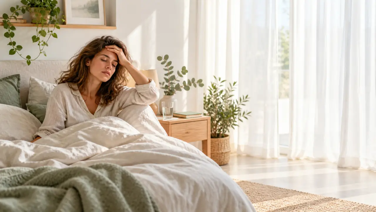 Personne se réveillant fatiguée dans une chambre lumineuse