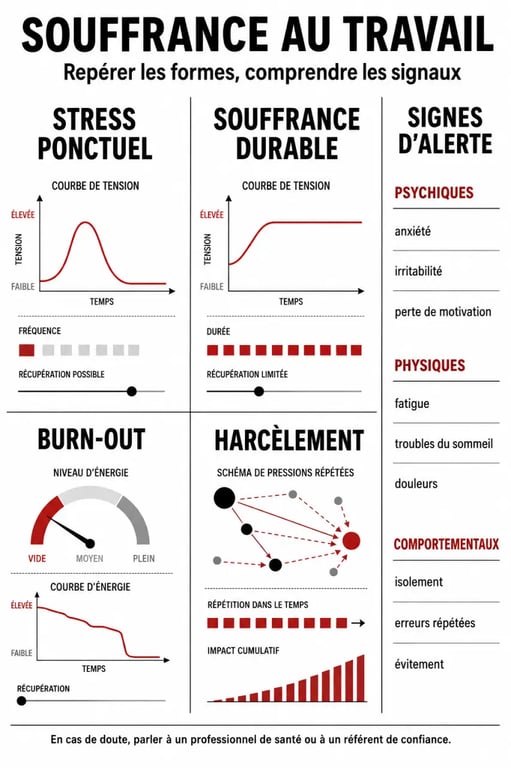 Infographie sur la souffrance au travail avec distinctions, symptômes et signaux d'alerte