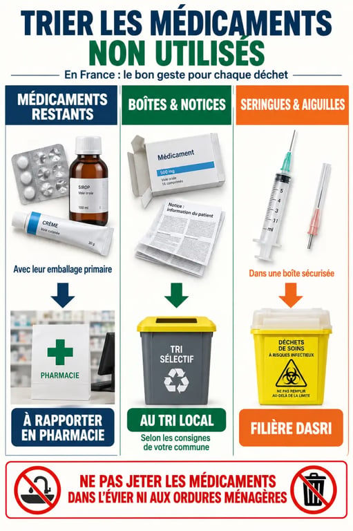 Que faire des médicaments non utilisés : tri entre pharmacie, emballages et DASRI