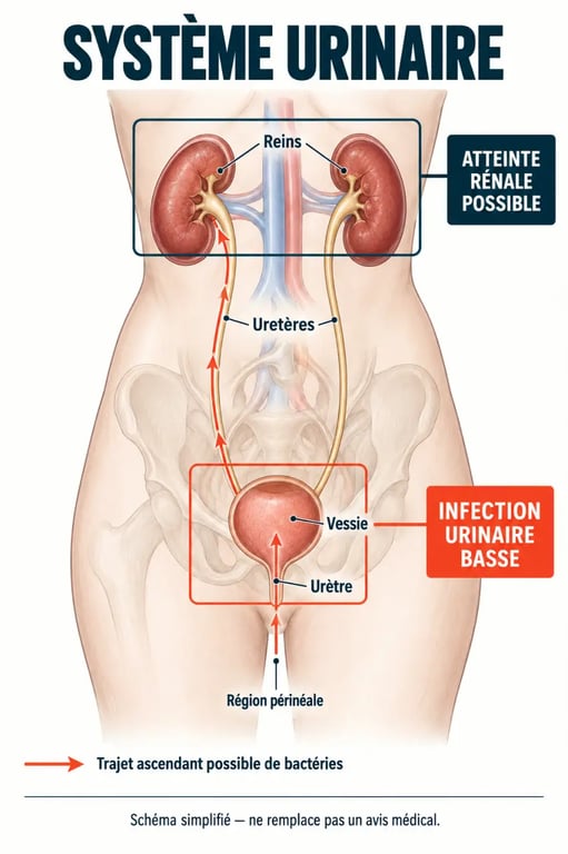 Schéma du trajet des bactéries lors d’une infection urinaire, de l’urètre vers la vessie et les reins