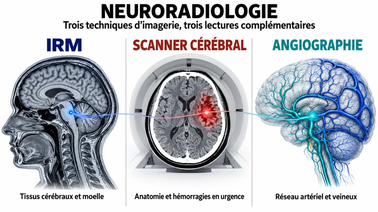 Neuroradiologie : comparaison visuelle de l'IRM, du scanner et de l'angiographie cérébrale