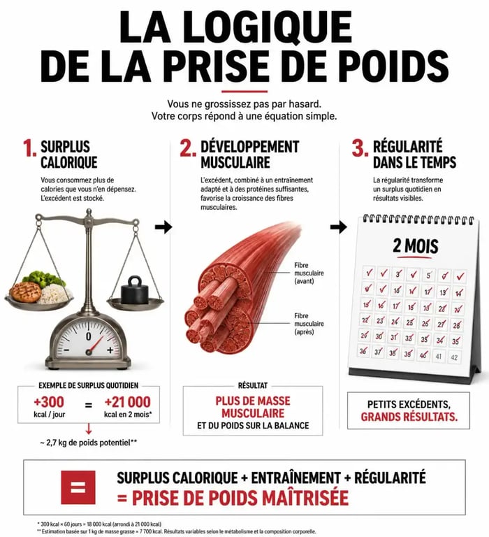 Infographie sur la logique de prise de poids et les compléments alimentaires