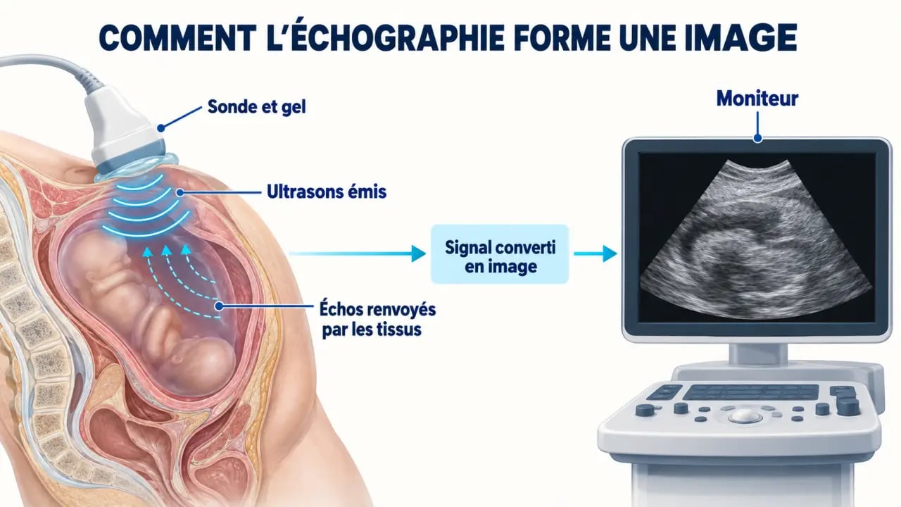 Schéma du fonctionnement d’une échographie obstétricale avec sonde, gel et ultrasons