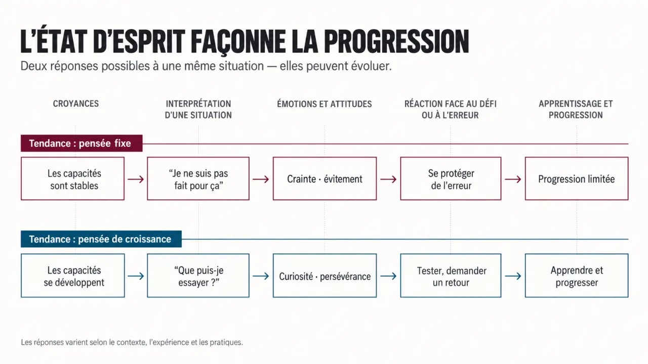 Schéma sur l’état d’esprit fixe et l’état d’esprit de croissance, des croyances à l’apprentissage